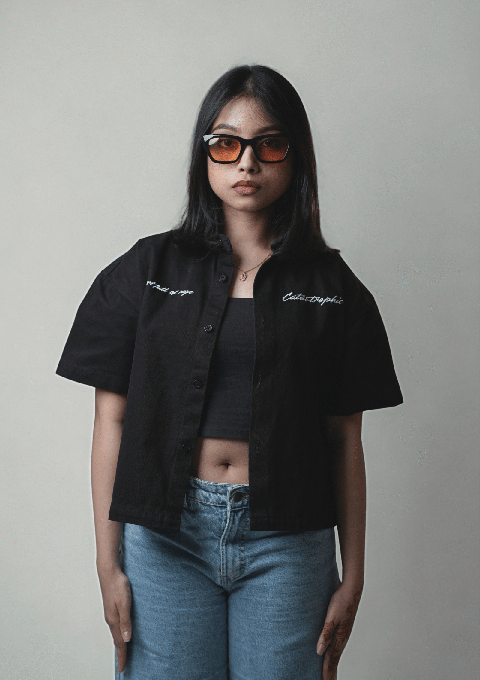 Embroidered Boxy Shirt <br> Carbon Black